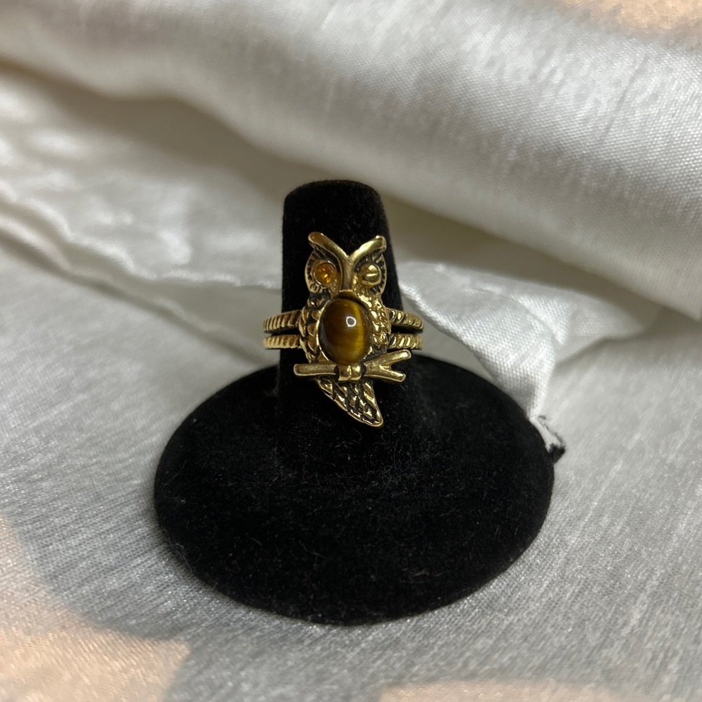 RARE VINTAGE DEADSTOCK KARATCLAD GOLD OWL TIGERS EYE RING HGE RING